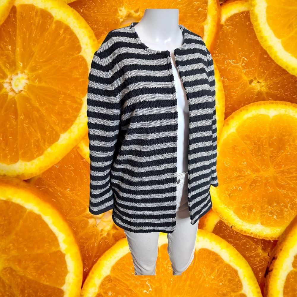 Amour Vert Striped Knit Blazer Jacket Open Front Career Black White XS